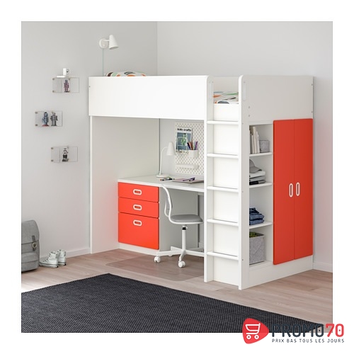Stuva/ fritids combinaison lit mezzanine avec 3 tiroirs / 2 portes, blanc, rouge